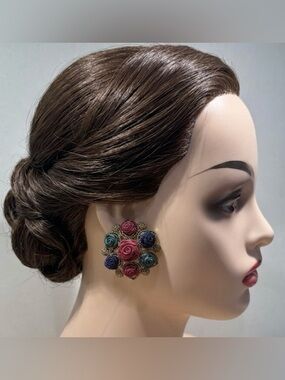 Cottagecore Fabric Ribbon Rosette Flower Gold Tone Clip-On Earrings